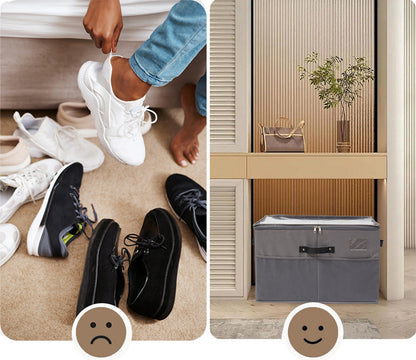 Foldable Fabric Shoe Storage Box with Zipper & Clear Lid