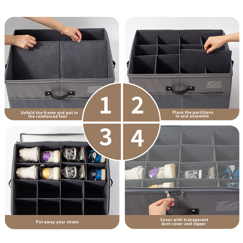 Foldable Fabric Shoe Storage Box with Zipper & Clear Lid
