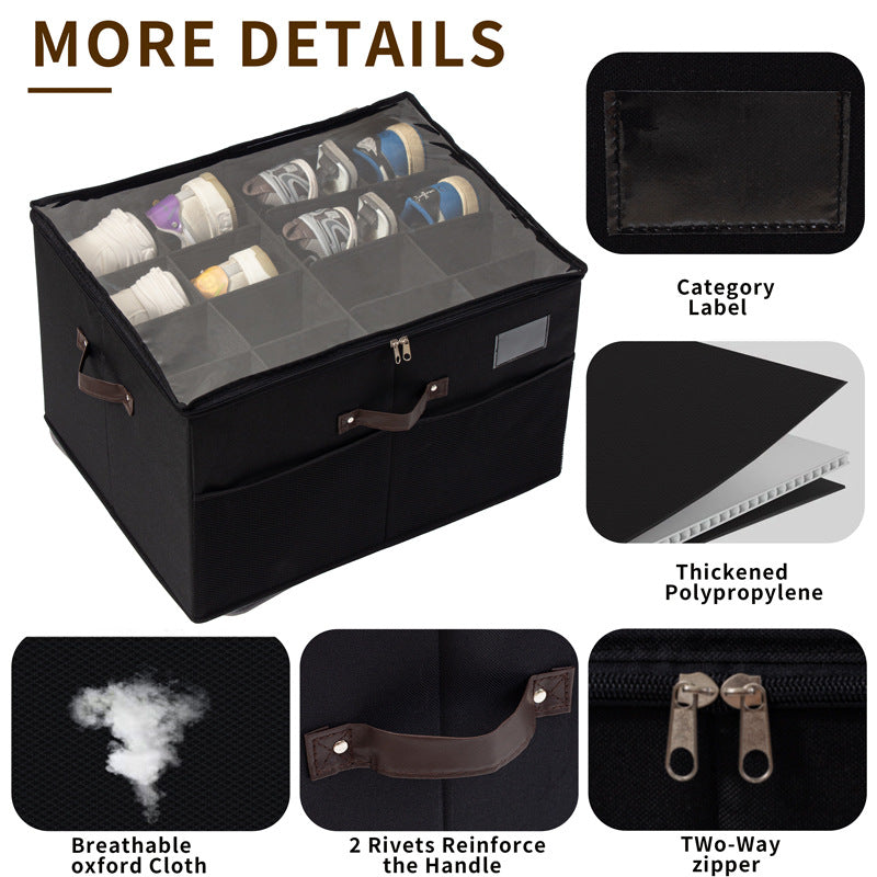 Foldable Fabric Shoe Storage Box with Zipper & Clear Lid