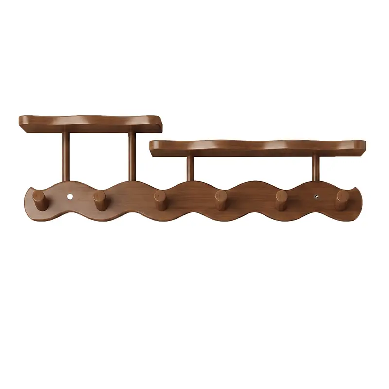 Aesthetic wood wall mounted coat rack with 6 hooks, Japandi style