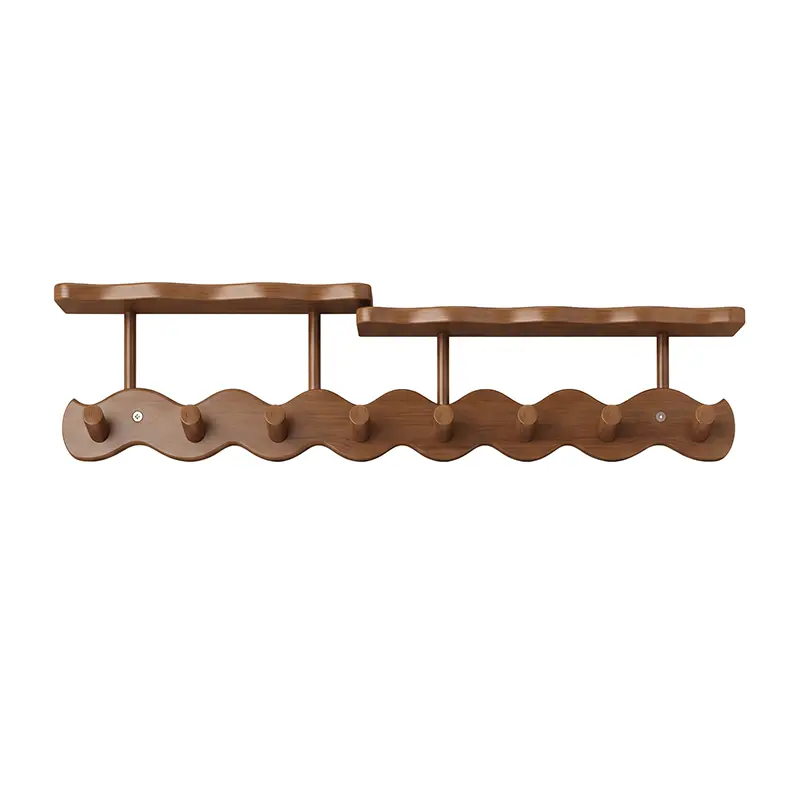 Aesthetic wood wall mounted coat rack with 8 hooks, Japandi style