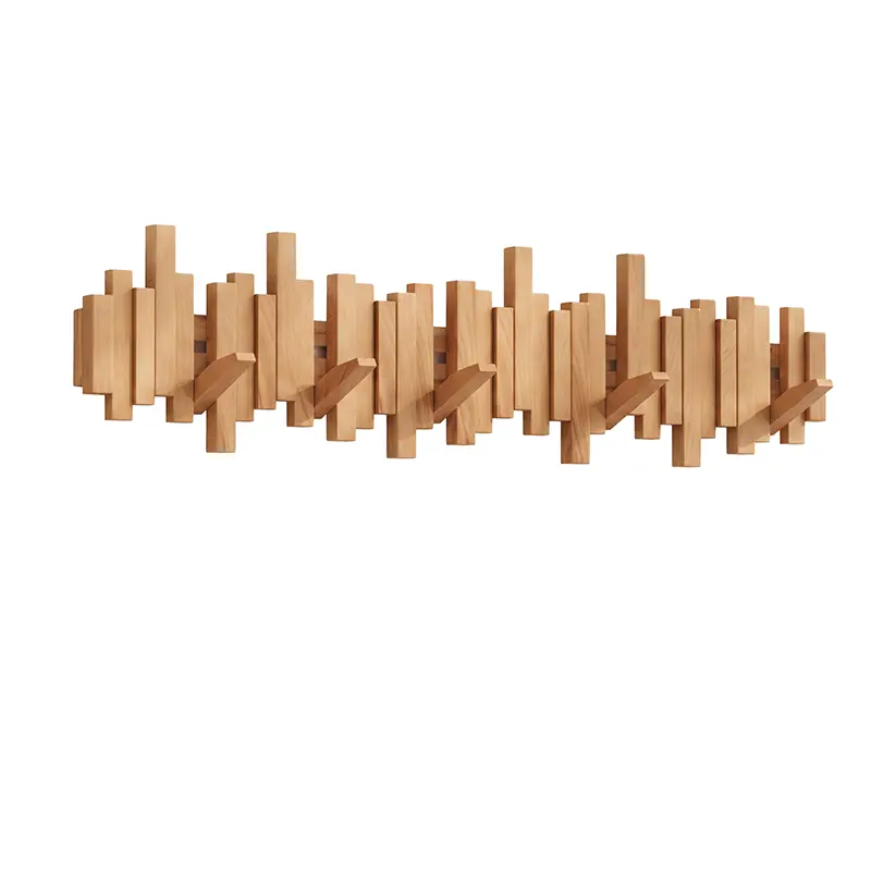 Walnut piano key coat rack with 12 keys, natural wood finish